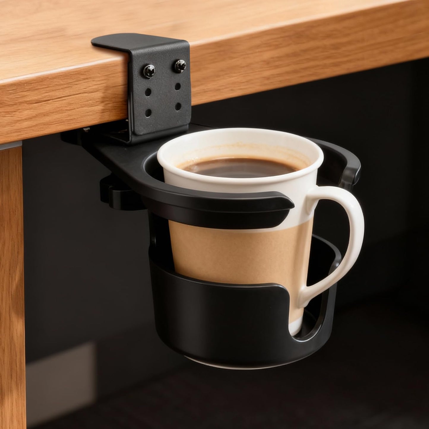 JAXYOOM Desk Cup Holder Clip On 360° Rotating Clamp,Deeper Anti-Spill Drink Holders for Water Bottles & Coffee Mugs,Adjustable Clamp Fits Screw On Table for Drinks,Office,Gaming Desk,Home,Black