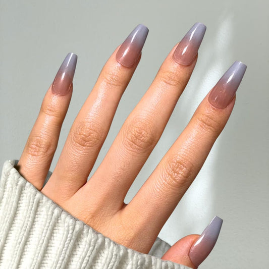 Press On Nails PerfectLook - Moon Fade | No Glue One-Day Long Coffin Nails, Grey Ombre Glossy Fake Nails - 24 Pcs Nail Kit with Adhesive Tabs