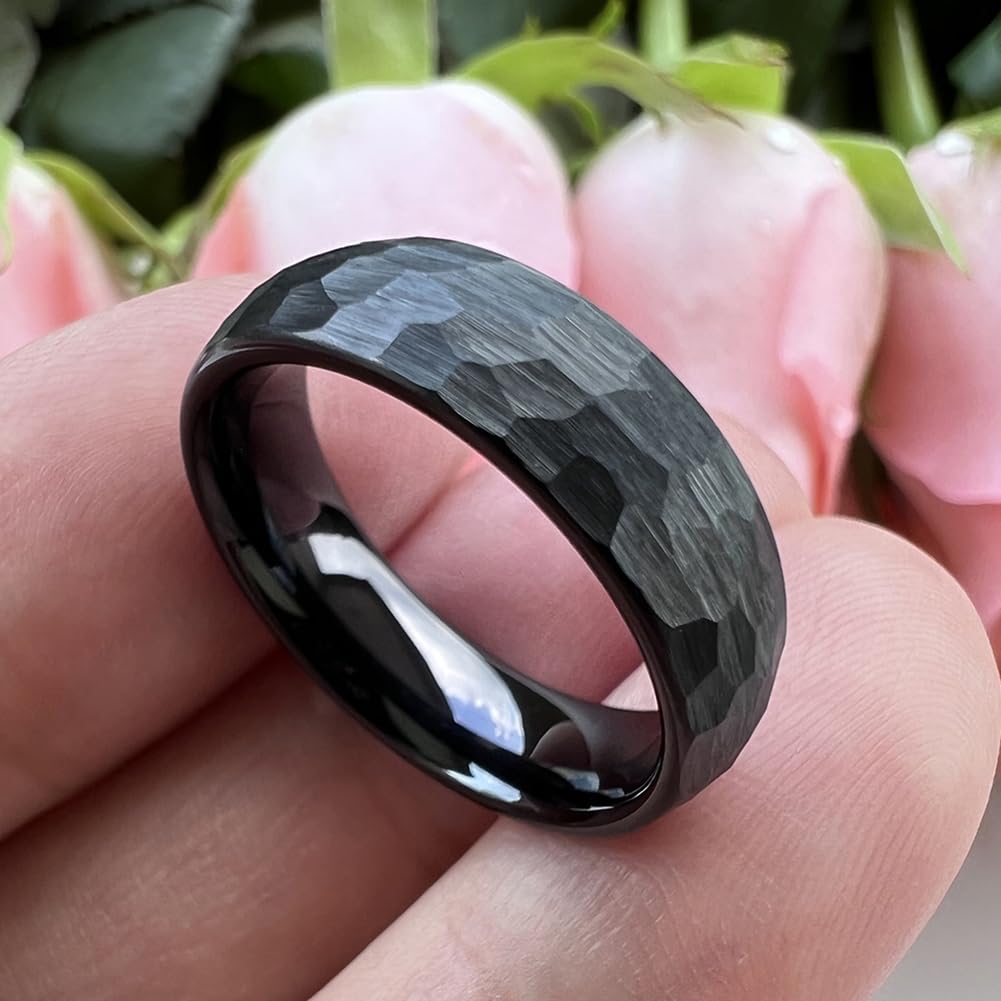 TUTISS 6mm Black Hammered Tungsten Rings for Men Women Fashion Engagement Wedding Bands Domed Matte Finish Comfort Fit Size 5