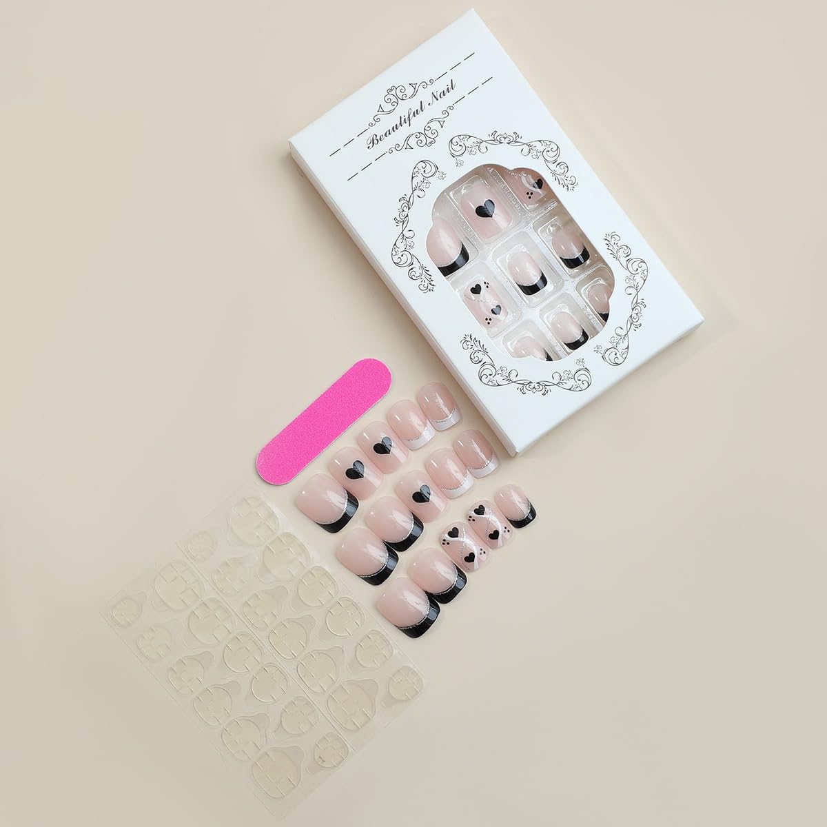 Short Press on Nails Square - French Tip Fake Nails with Black Heart Design - Glossy Full Cover Stick on Nails - for Women 24 Pcs