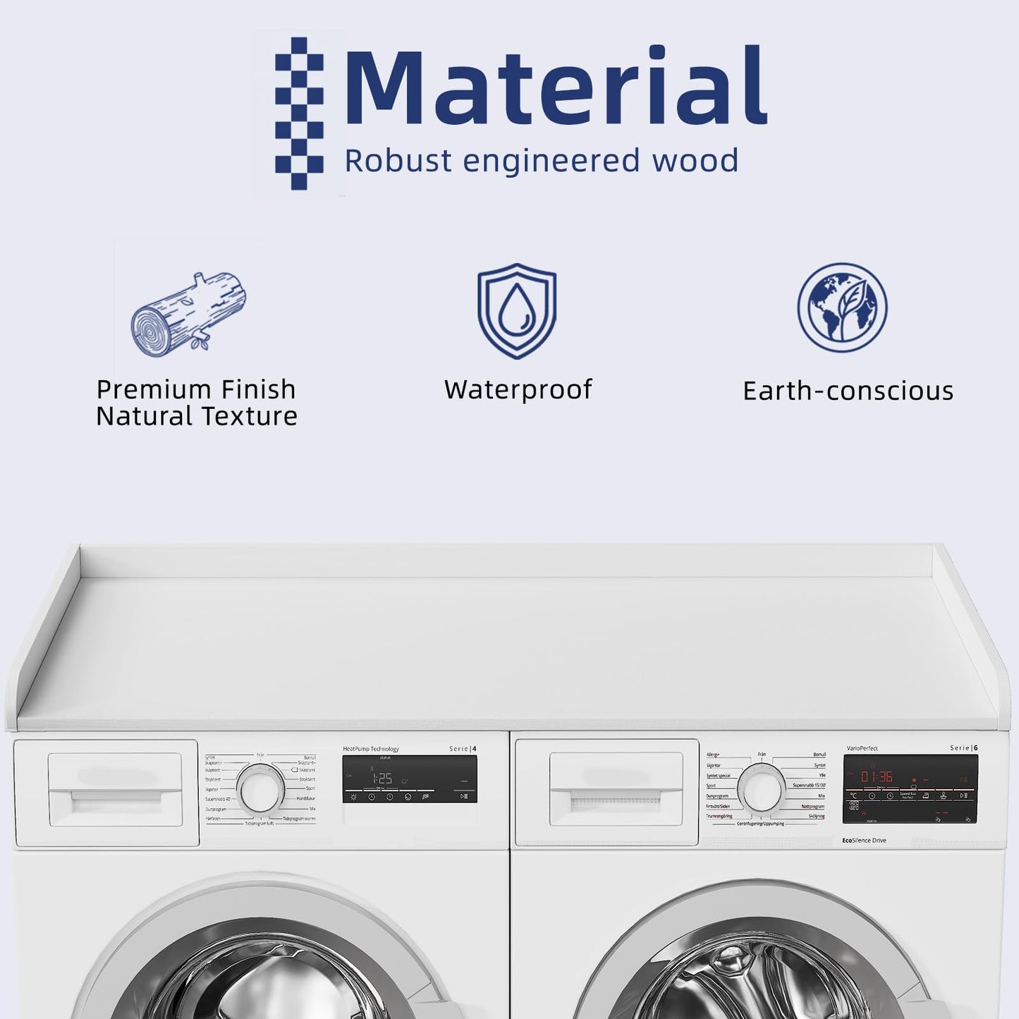 Memobarco Washer Dryer Countertop, 54" Width x 27.5" Depth Laundry Countertop Organization, Wooden Washer and Dryer Topper for Folding, Sorting & Ironing, Easy to Install, White