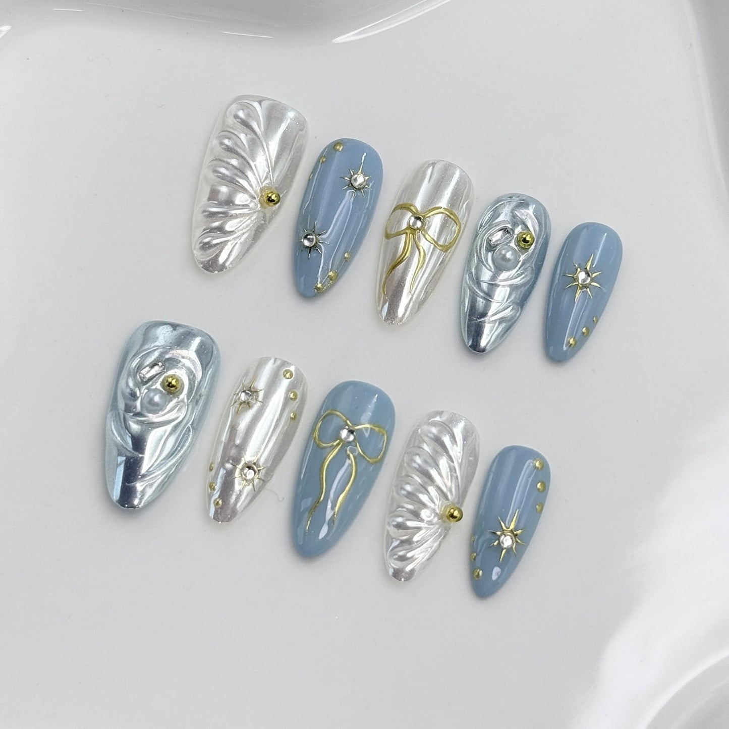 Handmade Press on Nails Medium Almond Fake Nails withGlue,Luxury Rhinestone & 5D Bow Blue Press ons Muti-LayerGel Handmade False Nails for Women (Size M)