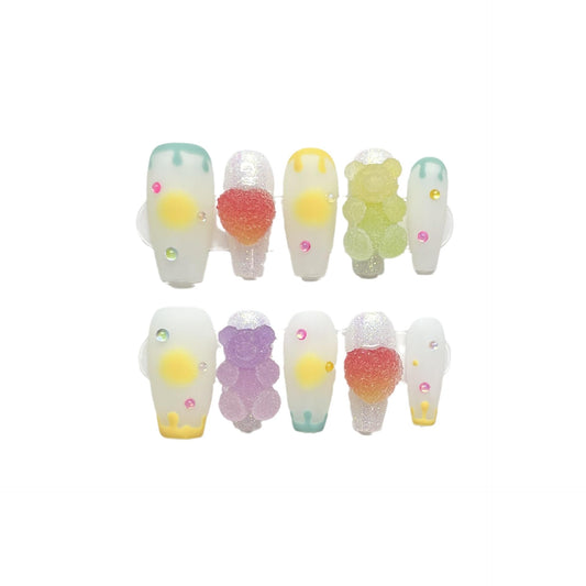 Candylicious Fake Nails | 3D Gummy Bear & Heart Designs | Y2K Lolita Press On Nails | Sweet Pastel Colors for Girls & Women (S)