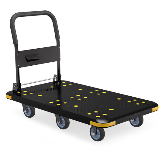 Heavy-Duty Foldable Platform Cart with 6 Wheels & 2000LB Capacity - 360° Swivel & Fixed Casters, Collapsible Push Cart Dolly Black Plastic Trolley, 5" Wheels, Spare Tire & Anti-Collision Corners