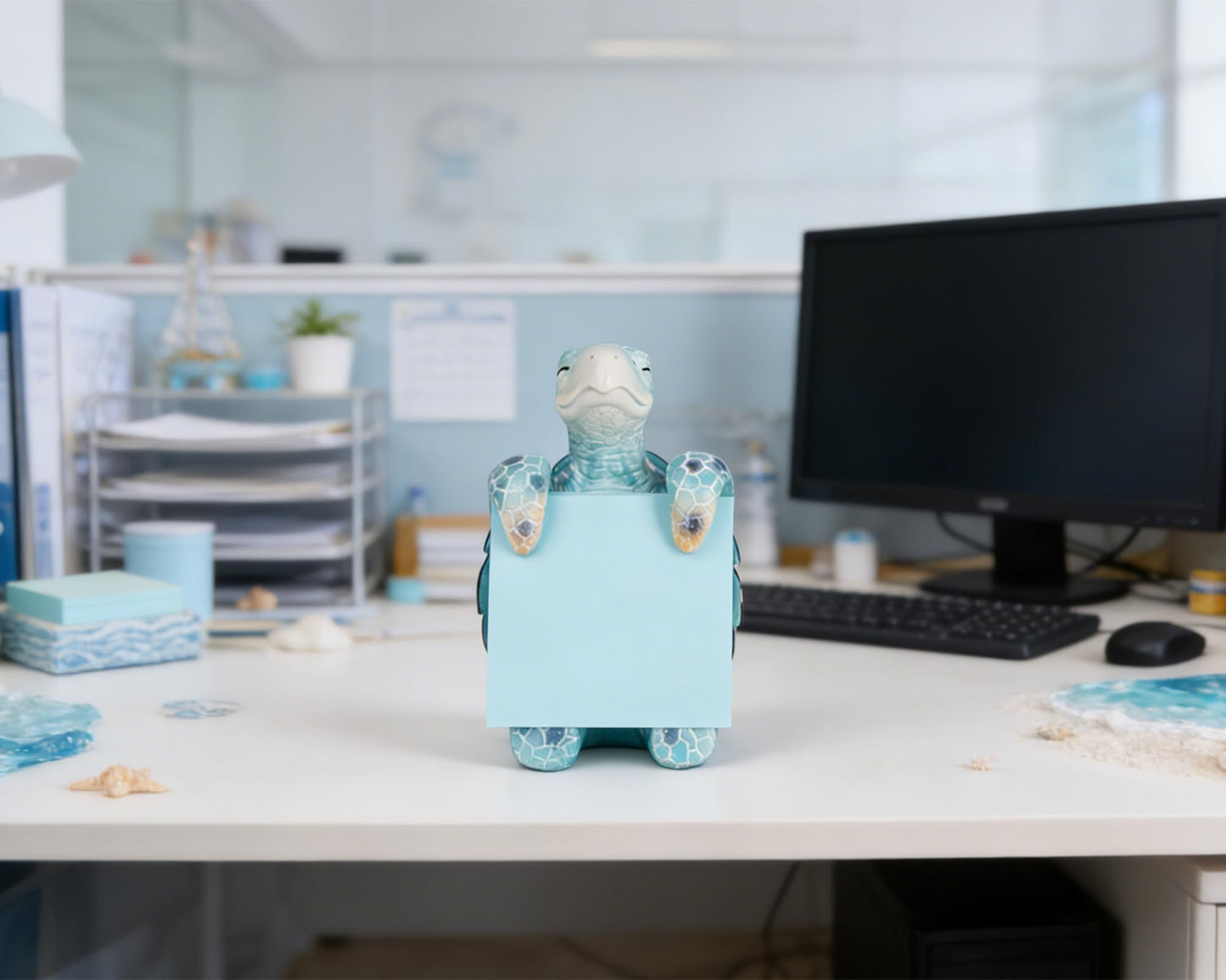 Sea Turtle Pop-up Sticky Note Dispenser, Includes 1 Pad of 3x3 in Super Sticky Notes, 100 Sheets, Resin Cute Handmade Desk Holder for Office & Home, Coastal Beach Decorations