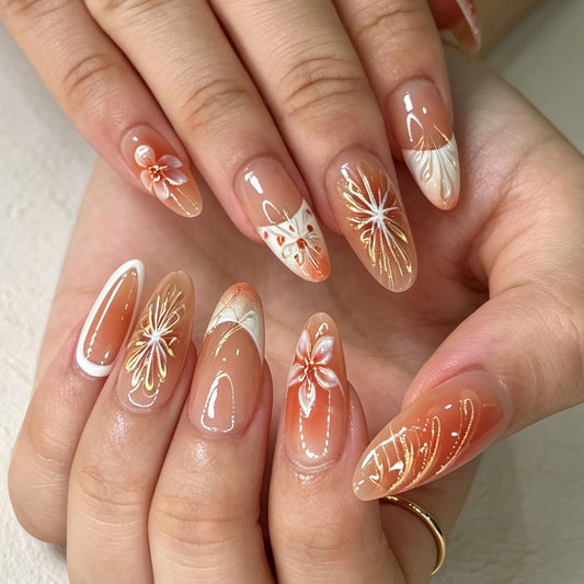 3D Press On Nails Almond Medium Wihte French Fake Nails with Embossed Flower&Lines Designs, Acrylic Artificial Nail Press ons False Stick On Nails for Women Girls 30Pcs