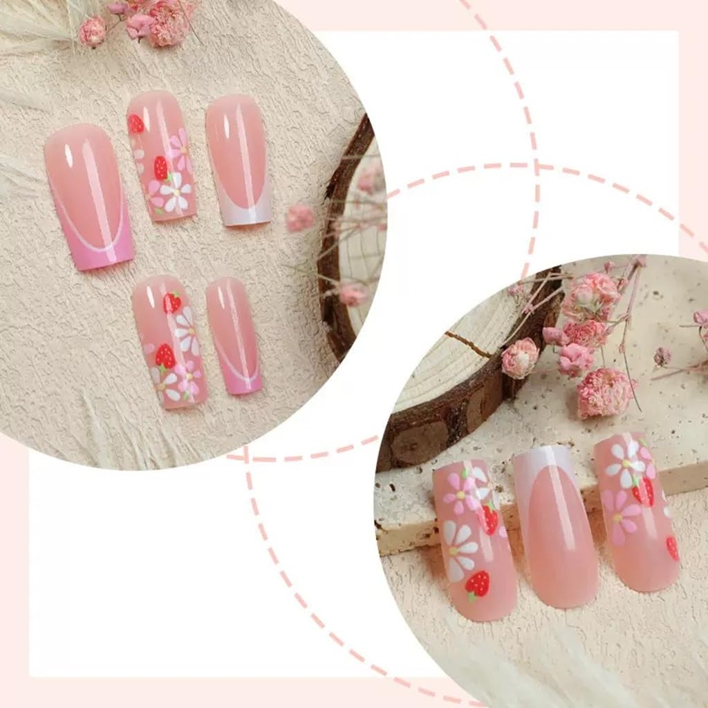 CTTHNBD Press on Nails Medium - Square Fake Nails with Flower Design - Pink French Tip False Nails Press ons - for Women 24 Pcs