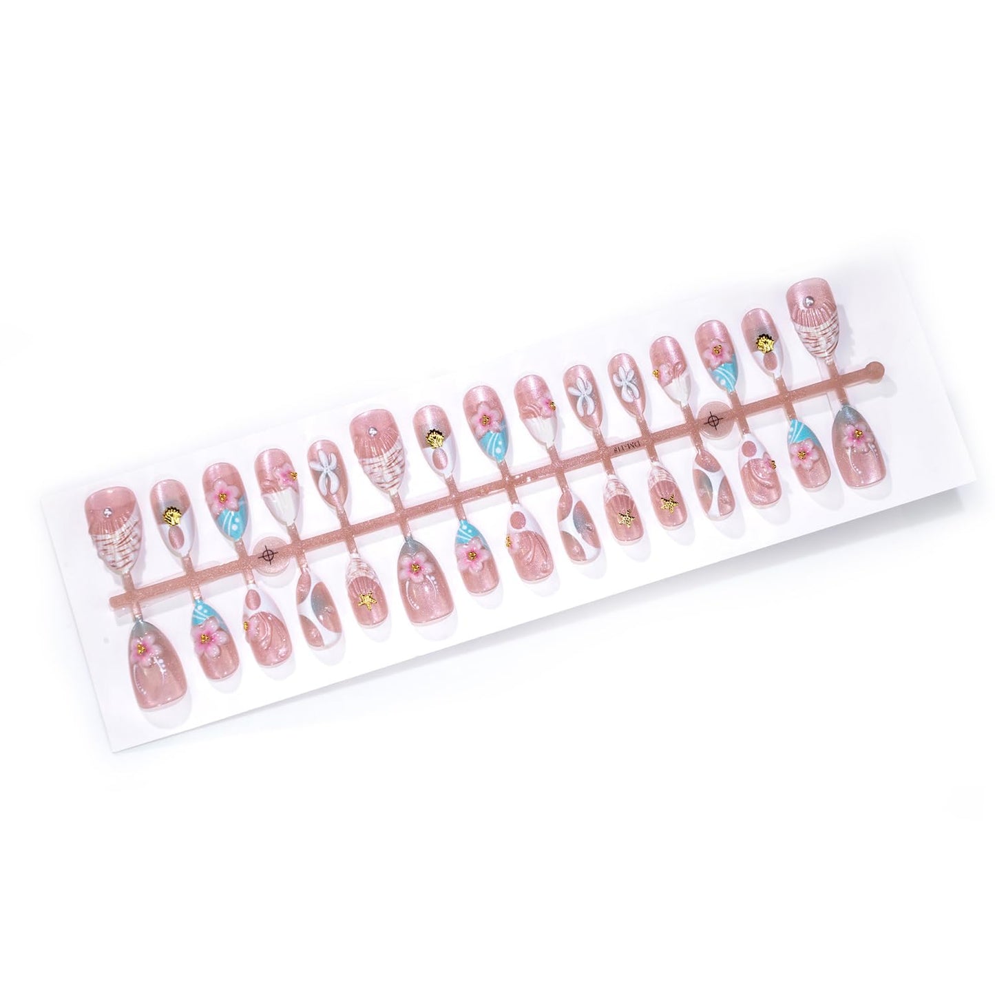 Summer Blue Press On Nails Medium Almond Fake Nails French False Nails With Starfish Designs Acrylic 3D Flower Press Ons Full Cover Glue On Nail Glossy Stick On Nail For Women 24Pcs
