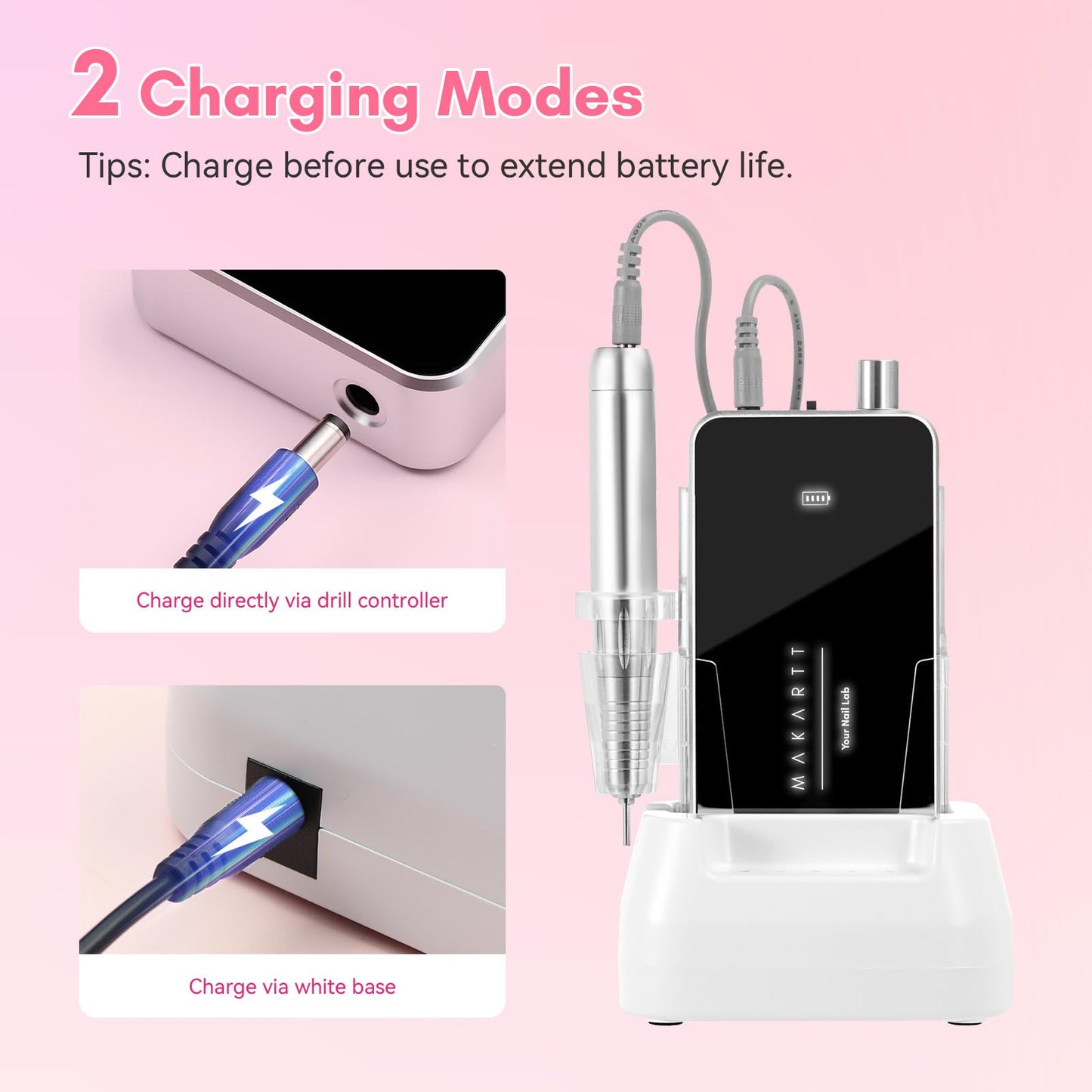 Makartt Nail Drill Professional, 35,000RPM Electric Nail File for Acrylic & Gel Removal, 60W Brushless Coreless Motor, 2-in-1 Desktop & Portable, LCD Display, Rechargeable, Quiet, F&R, Nouvella Black