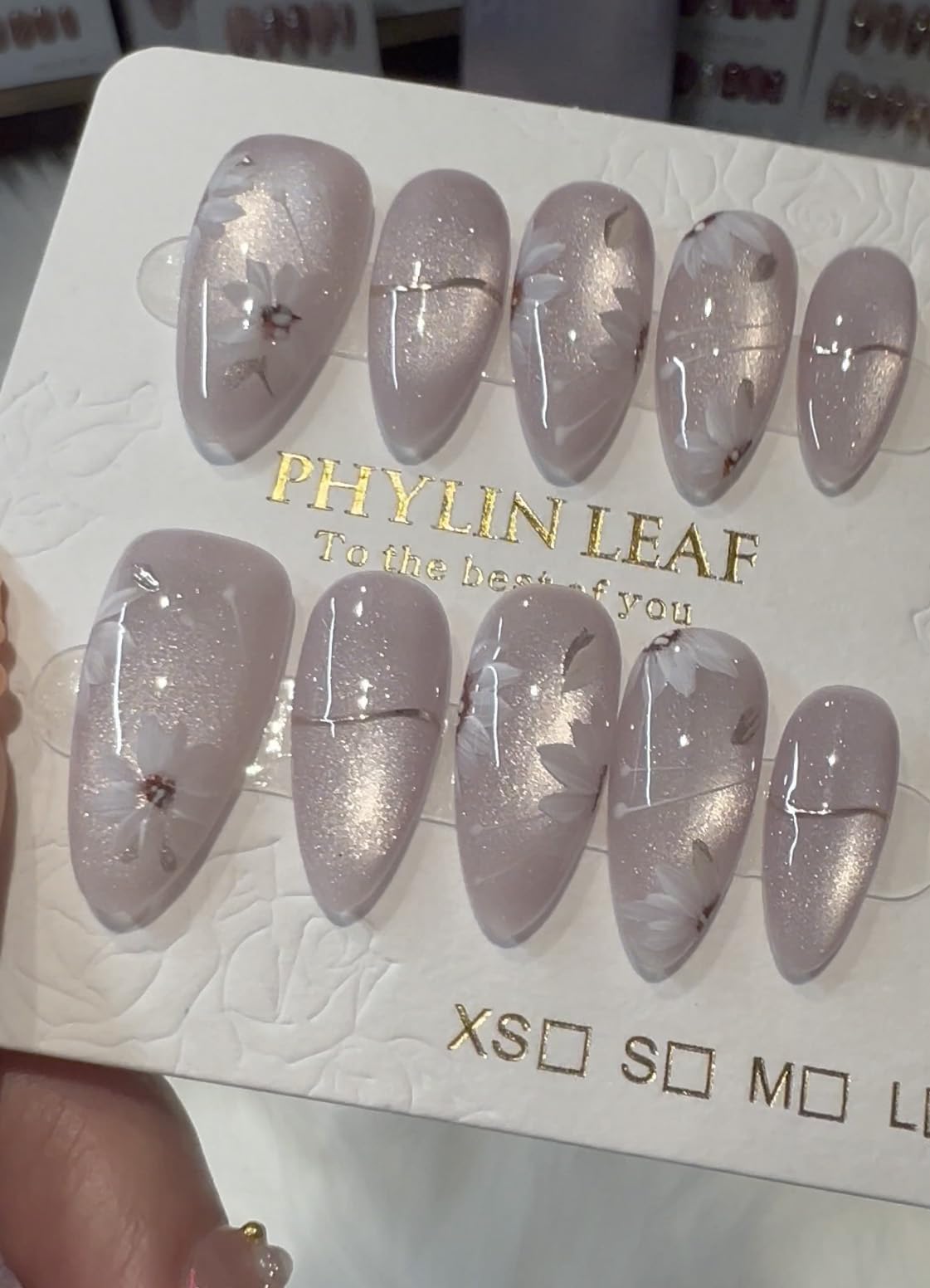 Handmade Press On Nails impress Fake Nails Medium Almond pruple white Ice flowers Hand Painting Crystal Manicure False press ons Nail Artificial (M size)