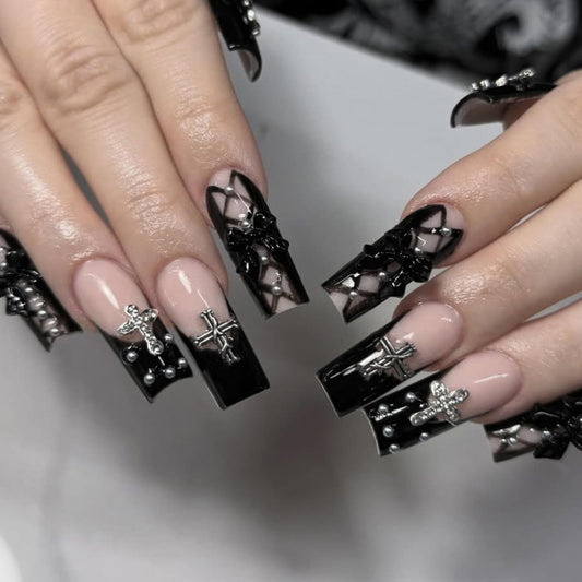 IMSOHOT Black French Press on Nails Long Square Fake Nails Acrylic Nude False Nails with Bow & Cross Design Full Cover Stick on Nails Glossy Glue on Manicure Kit for Women 24Pcs
