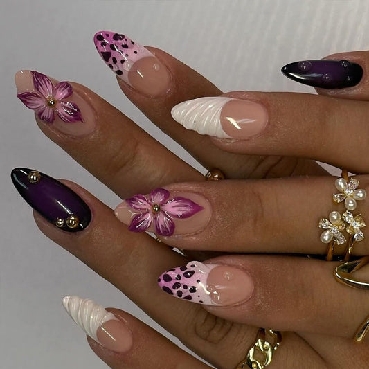 Leopard French Tip Press on Nails Medium Almond 3D Embossed Floral with Leopard Print Gold Pearl Shell French Tips Design Acrylic Artificial Fake Nails for Women Girls Manicure Decorations 24Pcs