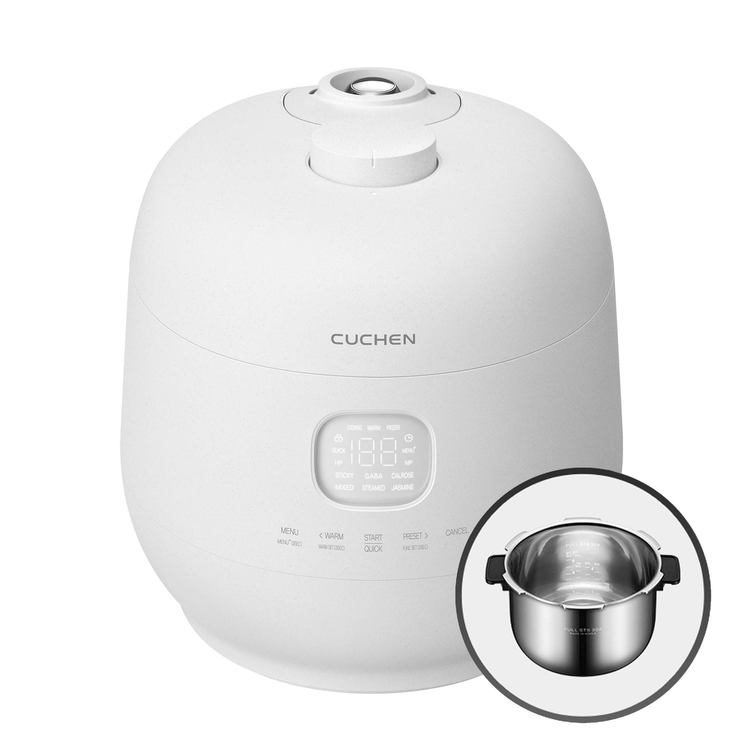 Cuchen 6-Cup Premium IH Pressure Rice Cooker with 304Ti Stainless Steel Inner Pot, Dual High/Non-Pressure Modes, Voice Guide & Auto Steam Clean, White (CRH-TWS0610PWUS)