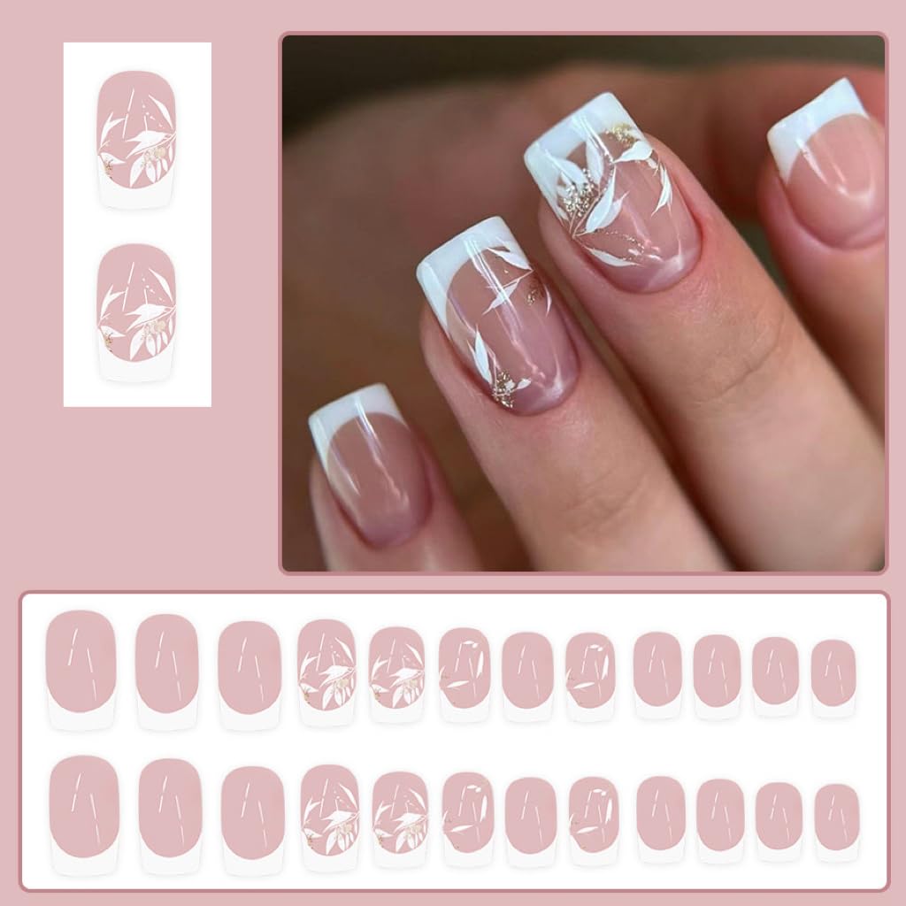 White French Tip Press on Nails Square - Short Fake Nails with Leaf Design - Fall Full Cover Stick on False Nails -for Women 24 Pcs
