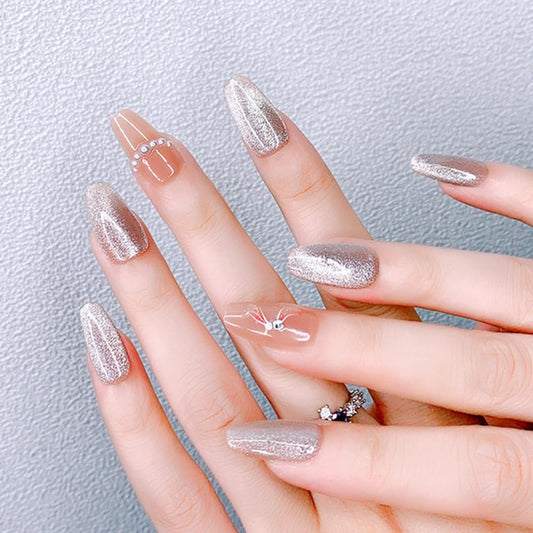 WAFOLOZE Press On Nails Medium Coffin Fake Nails With Glue, Ice Crystal Stone Cat's Eye Nail Press Ons With Small Pearl Painted Design，Artificial False Nails Stick On Nails for Women-30Pcs