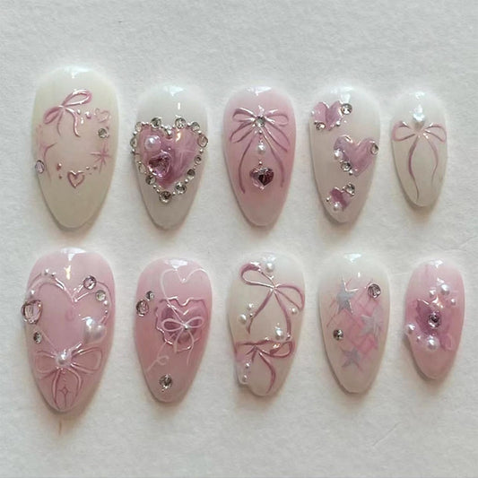 24Pcs Pink Press on Nails Medium Almond Fake Nails with 3D Heart Pearl Bow Rhinestones Designs Cute Glue on Nail Romantic Valentines False Nails Glossy Acrylic Full Cover Stick on Nail for Women