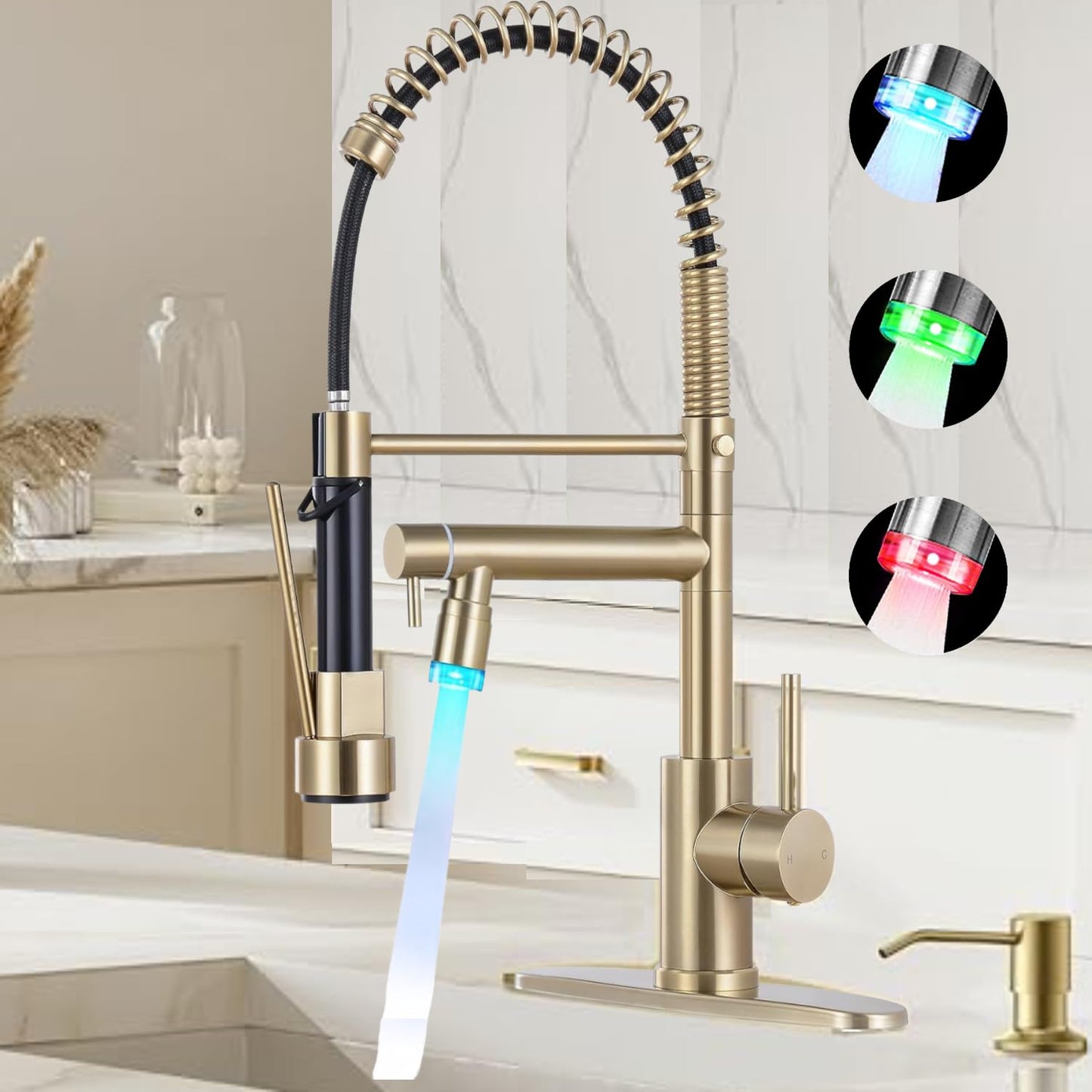 VIDEC Smart Kitchen Faucet, 3 Modes Pull Down Sprayer, LED Temperature Control, Ceramic Valve,360-Degree Rotation,1 or 3 Hole Deck Plate, Double Spout. 10-Year Warranty.(Brushed Gold, KW-21CG)