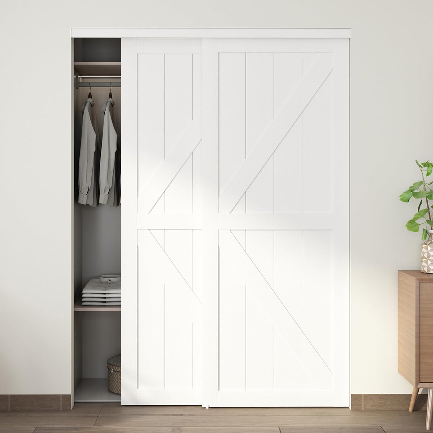 JUBEST 60"(Double 31") x80" Sliding Closet Door, K Style Bypass Closet Door with Hardware Kit & Matching Fascia, Preassembled Solid Wood Slab with Water-Proof PVC Surface, Easy to Install, White