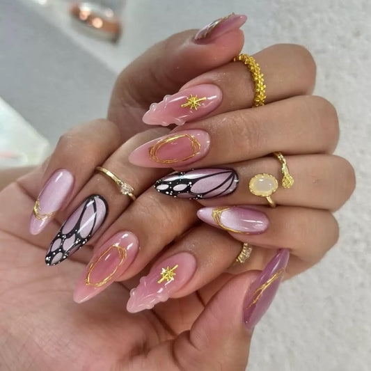 CTTHNBD Press on Nails Almond - Medium Fake Nails with Butterfly Design - Glossy, Purple False Nails Press ons - for Women 24 Pcs