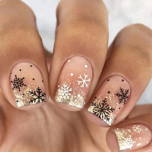 Christmas Short Press on Nails Matte Square Fake Nails with Gold Glitter Designs Black Snowflake False Nails Christmas Snowflake Artificial Acrylic Nails Christmas Stick on Nail for Women Girls 24Pcs