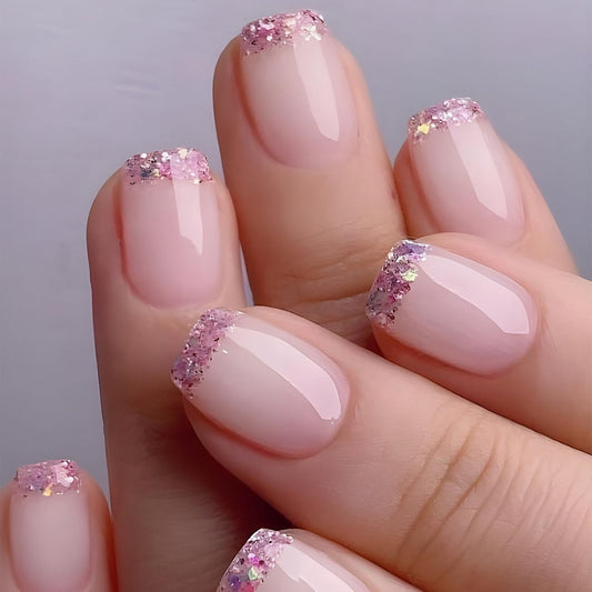 Pink French Tip Press on Nails Short Coffin OFDNE Petite Fake Nails False Nails with Designs Glitter Full Cover Glossy Glue on Nails French Manicure Acrylic Nails for Women Girls 24Pcs