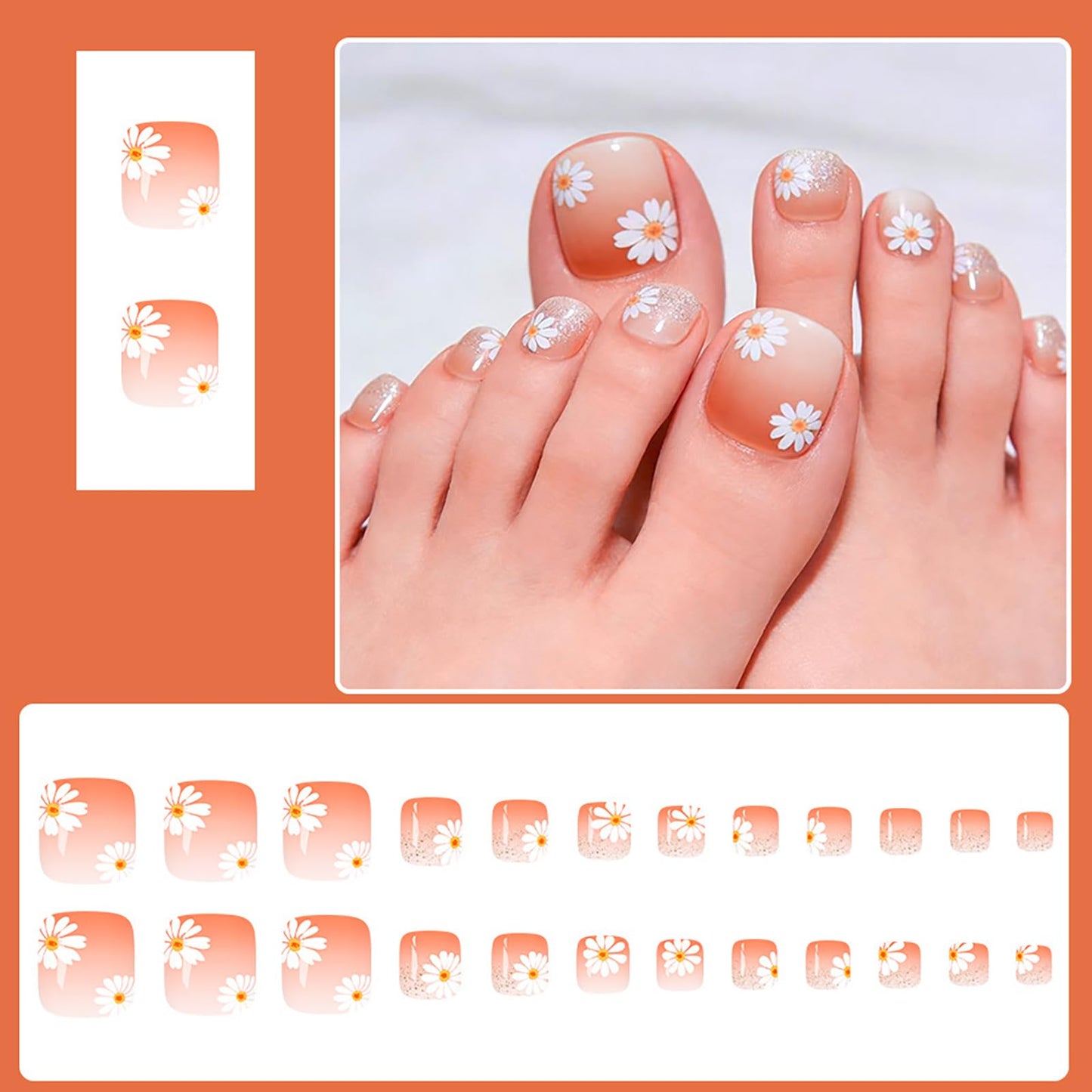 Flower Press on Toenails,Short Square Fake Toenail with Glitter French Designs Orange Brown Gradient Toenails Full Cover Glossy Acrylic Stick on Toes Nails for Women Girls 24Pcs