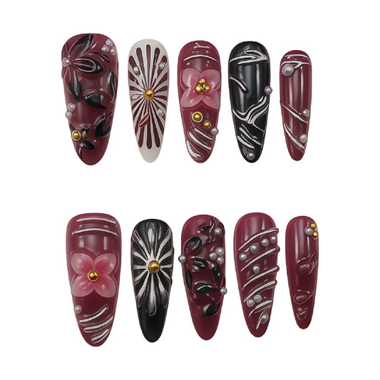 WZHAOJUN Handmade Vintage Floral Press On Nails Long Stiletto - Burgundy Red 3d Flower Fake Nails With White Line Sunburst Pattern, Pearl Gold Stud Acrylic False Nails