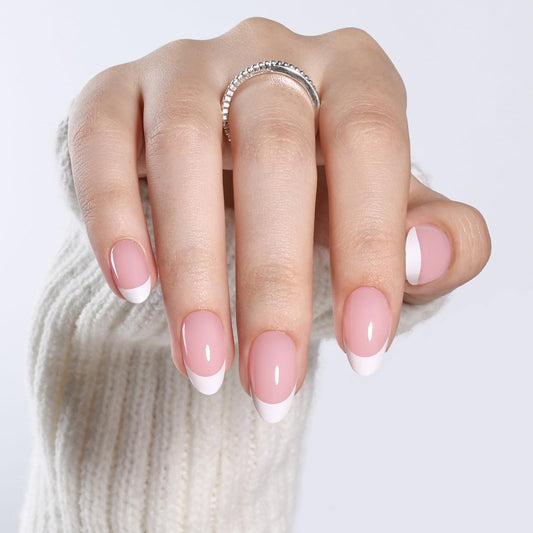 White French Tip Press On Nails - Short Almond Pink and White Press On Nails, 32Pcs 16 Sizes, Reusable Fake Nails with Nail Glue for Women