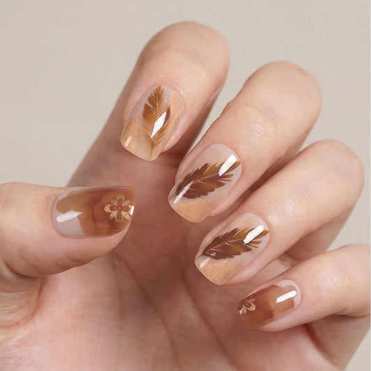 Elegant Brown Gradient Floral Press-On Nails with Leaf & Flower Designs, Durable & Long-Lasting Fake Nails, Easy-to-Apply Natural Style for Women, 24PCS