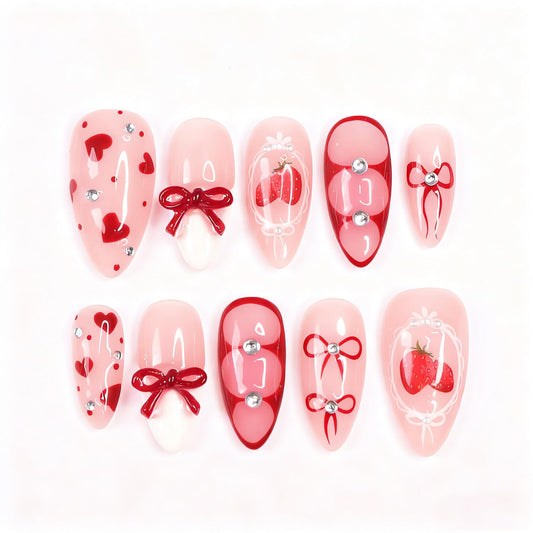 30Pcs Red Heart French Tip Press on Nails Valentine's Sweet Strawberry Medium Almond Fake Nails with 3D Rhinestones Design French Nails Handmade Romantic Bow Stick on Nails for Women