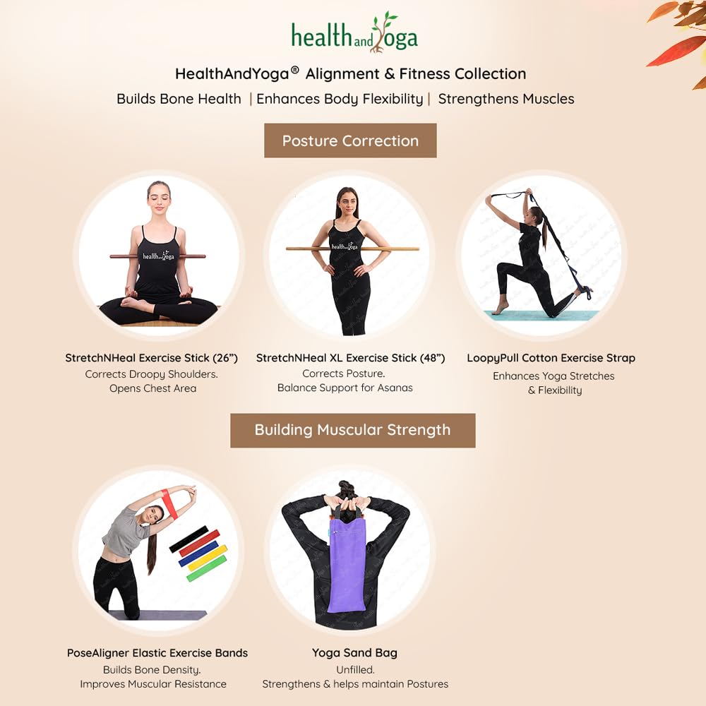 HealthAndYoga™ StretchNHeal Multi-Use Wooden Yoga Stick - Portable Posture Corrector Pole, Stretch and Mobility Stick,Physical Workout Exercise Dowel (Regular - 26")