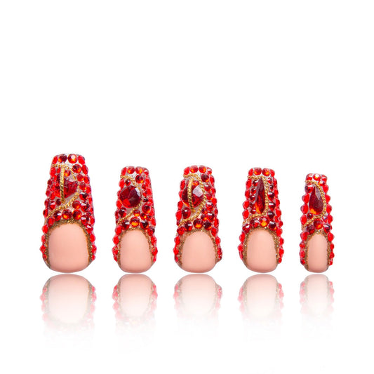 LOVFUL Press on Nails Flamingo | Handmade with Full Covered Crystals | Reusable Full Cover Nails | Coffin Classic Regular 1.3 in | H37-L
