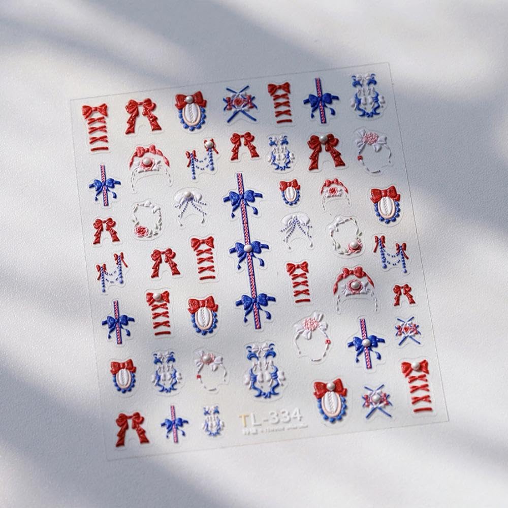 Cartoon Red Blue Bow Nail Stickers with 5D Embossed Pearl Design Irregular Frames Nail Art Stickers 3D Self-Adhesive Spring Nail Decals Summer Nail Manicure Accessories for Women Girls 1 Sheet