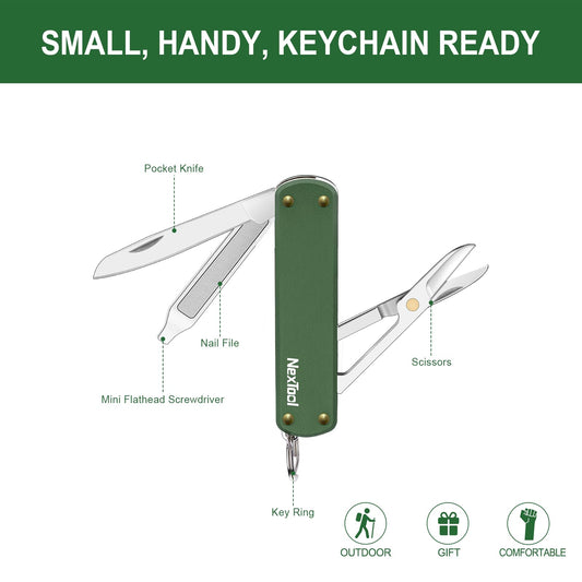 NexTool Keychain Knife, 5 in 1 Mini Multitool Key Chians, Small Pocket Knife with Key Ring, Scissors, Screwdrivers and Nail File, Cool Gadget Gifts for Men Women Dad Boyfriend Everyday Carry(Green)