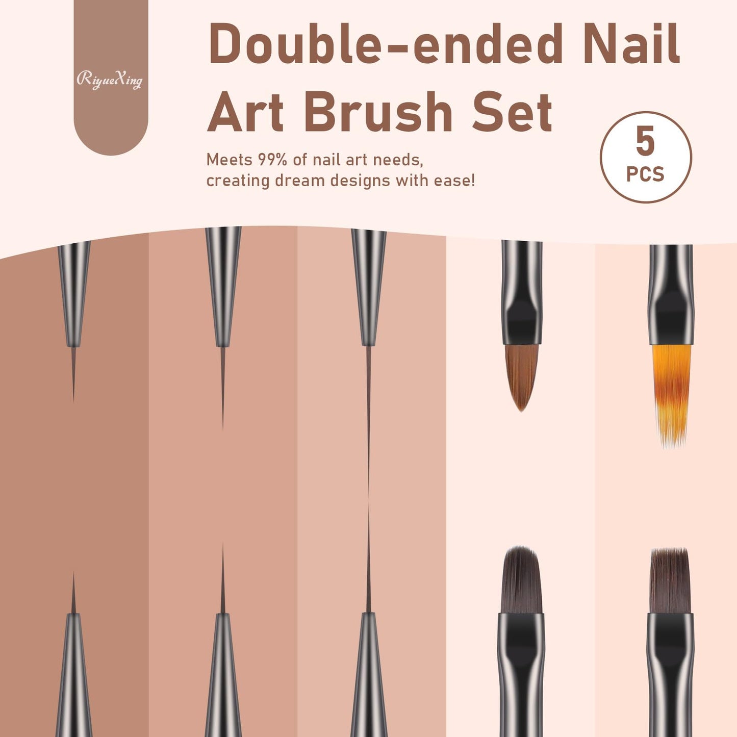 RIYUEXING Nail Art Bushes Set - Professional 5Pcs Double-Ended Nail Brush for Art, Long Lines, Ombre & 3D Design Nail Brush Pen for Gel Polish Manicure DIY Home Salon