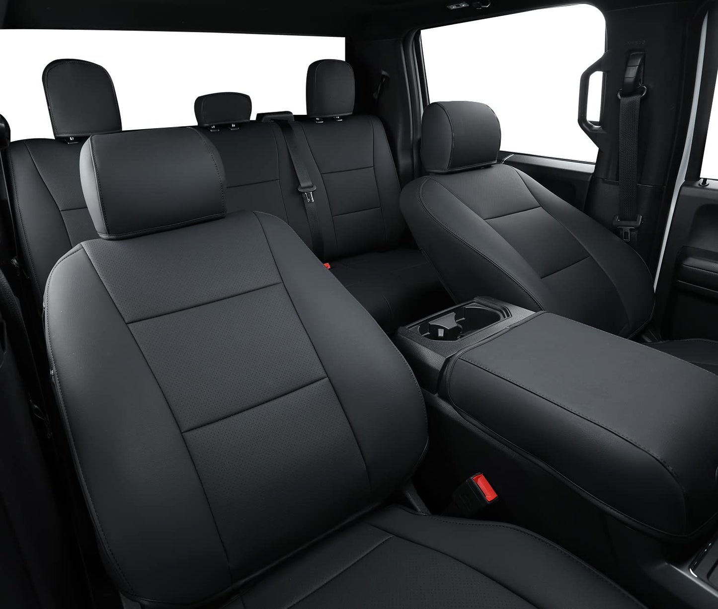 Covertopia F150 Faux Leather Seat Covers, Custom fit 2015-2024 2025 Ford F150 SuperCrew, and 2017-2024 2025 F250 F350 F450 Super Duty Crew Cab(Full Set, Black)
