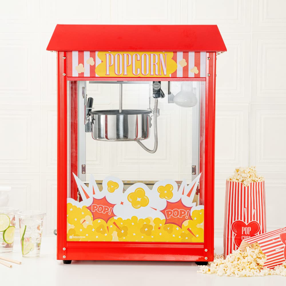 Restaurantware Hi Tek 8 Ounce Commercial Popcorn Popper Machine 1 Electric Popcorn Maker Machine - Popcorn Cart Sold Separately 3-Switch Operation Red Stainless Steel Popcorn Machine 120V