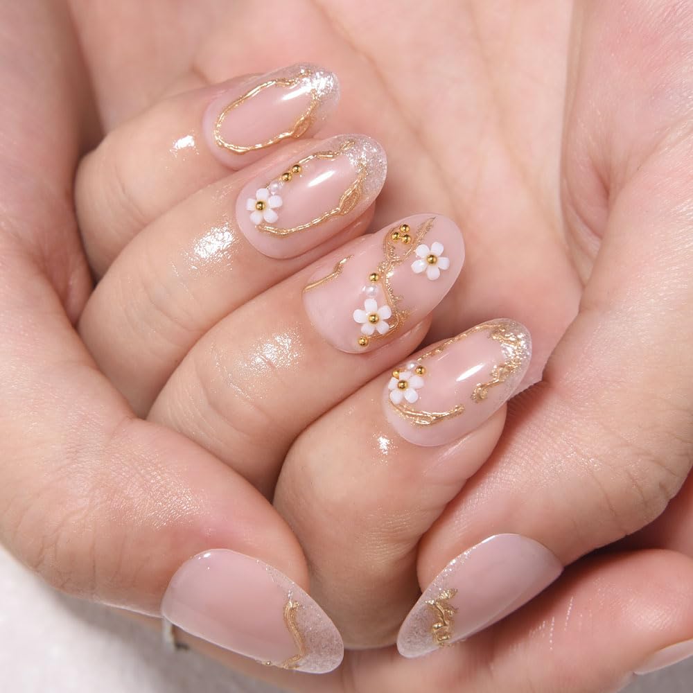 XZMeiLun French Gold Pearl White Flower Press on Nails, Short Round Acrylic Fake Nails Design, Natural Reusable Nails Kit for Women DIY False Nail Art Decoration Gift, Salon Quality Reusable 24 Pcs