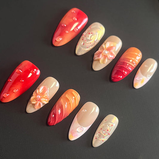 Luxury Press on Nails Medium Almond Handmade 3D Unique Reusable ABS Material Fake Nails Red&Orange False Nails with Designs Water Drop Flower Art Petal Glossy Glue on Thick Acrylic Nails(M)