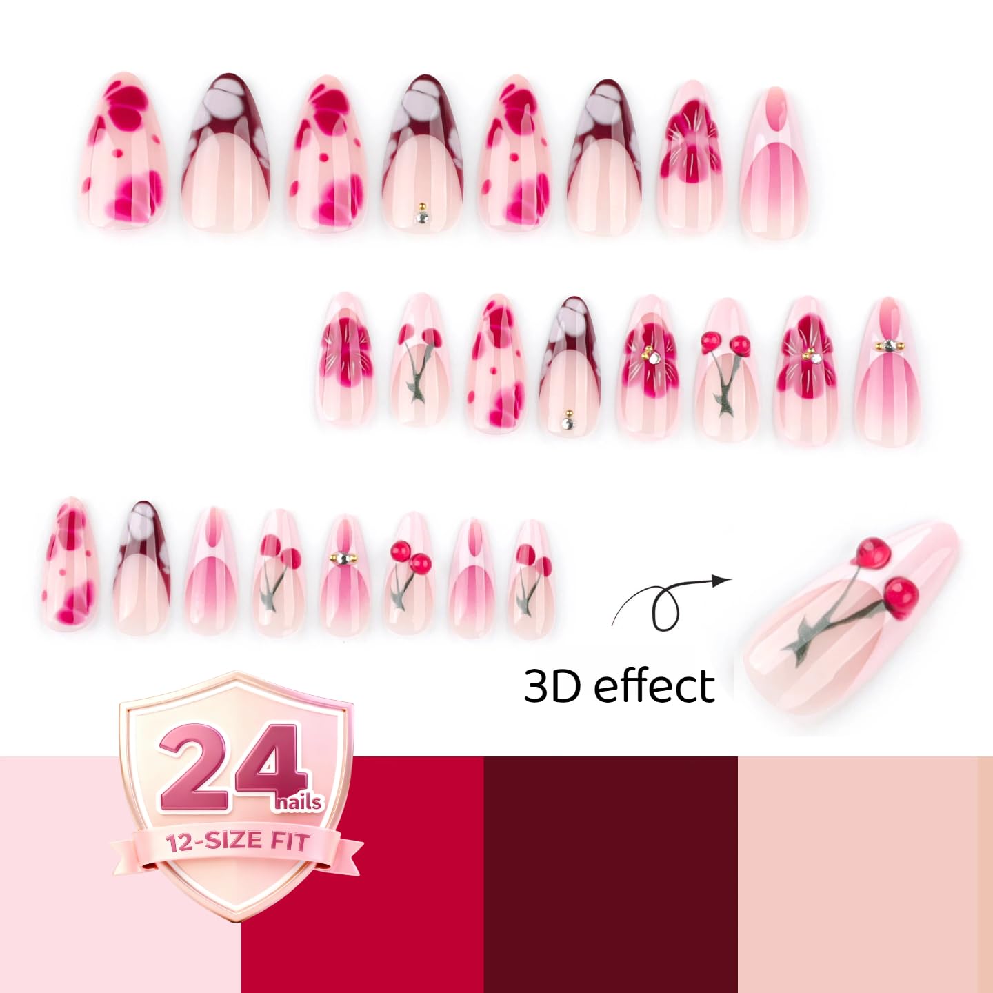 Taoyisent 3D Cherry Blossom Press On Nails, Rhinestone Floral Design Pink and Red Almond False Nails, Glossy Long Stick On Nails for Women, 24Pcs 3D Nail Kit