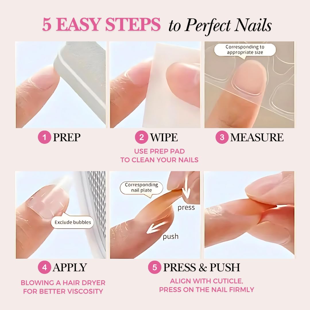 Votrenaeil Press On Nails - Classic Sheer | No Glue Short Squoval Nails with Thin French Tips for Work & Casual - 24 Pcs Nail Kit with Adhesive Tabs
