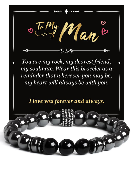 Landorilo Gifts for Men, 8mm Natural Stone Beaded Bracelets, Hematite & Tourmaline Healing Bracelet, Handmade Mens Jewelry Gift for Him, Husband, Son, Father, Friend(Happy Birthday-7.5in)
