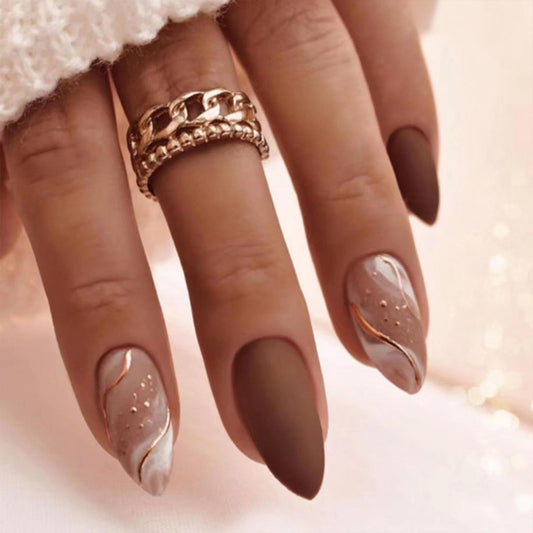 Almond Press on Nails Medium Fake Nails Matt Brown False Nails Press ons Acrylic Glue on Nails Reddish Brown Full Cover Artificial Stick on Nail for Women Nail Decorations 24Pcs