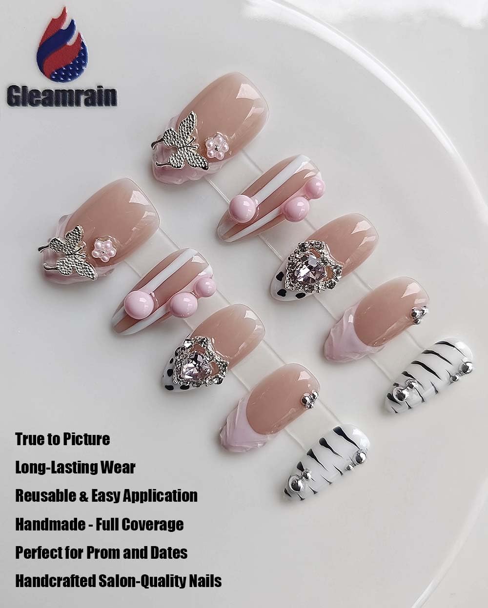 Gleamrain Almond Medium Handmade Press on Nails for Women, Handcrafted Butterfly and Nude Design Reusable Full Cover Fake Nail for Daily Wear Party Birthday D312