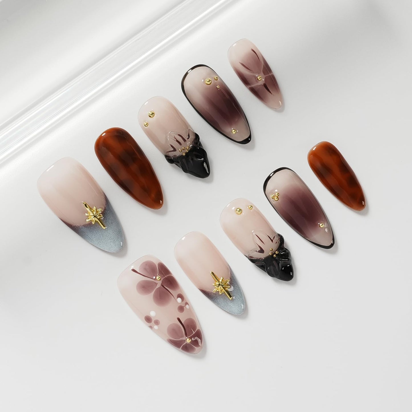 Tesytto Handmade Press on Nails Medium Almond, Nude Brown Gradient Floral Fake Nails, Glossy Reusable Stick On Acrylic Nails with Gold Charms Luxury Salon Design (Dusk Pastel Gradient Flowers, M)