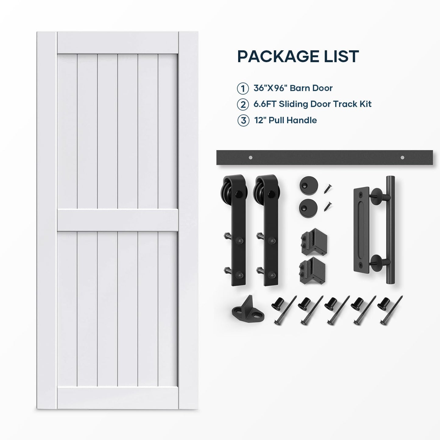 EaseLife 36 x 96 inch White Barn Door with 6.6FT Sliding Door Hardware Kit Included & Handle,Solid Wood Covered with Waterproof PVC Surface,DIY Assemblely,Easy Install,H-Frame,Fit 32-34in Wide Opening