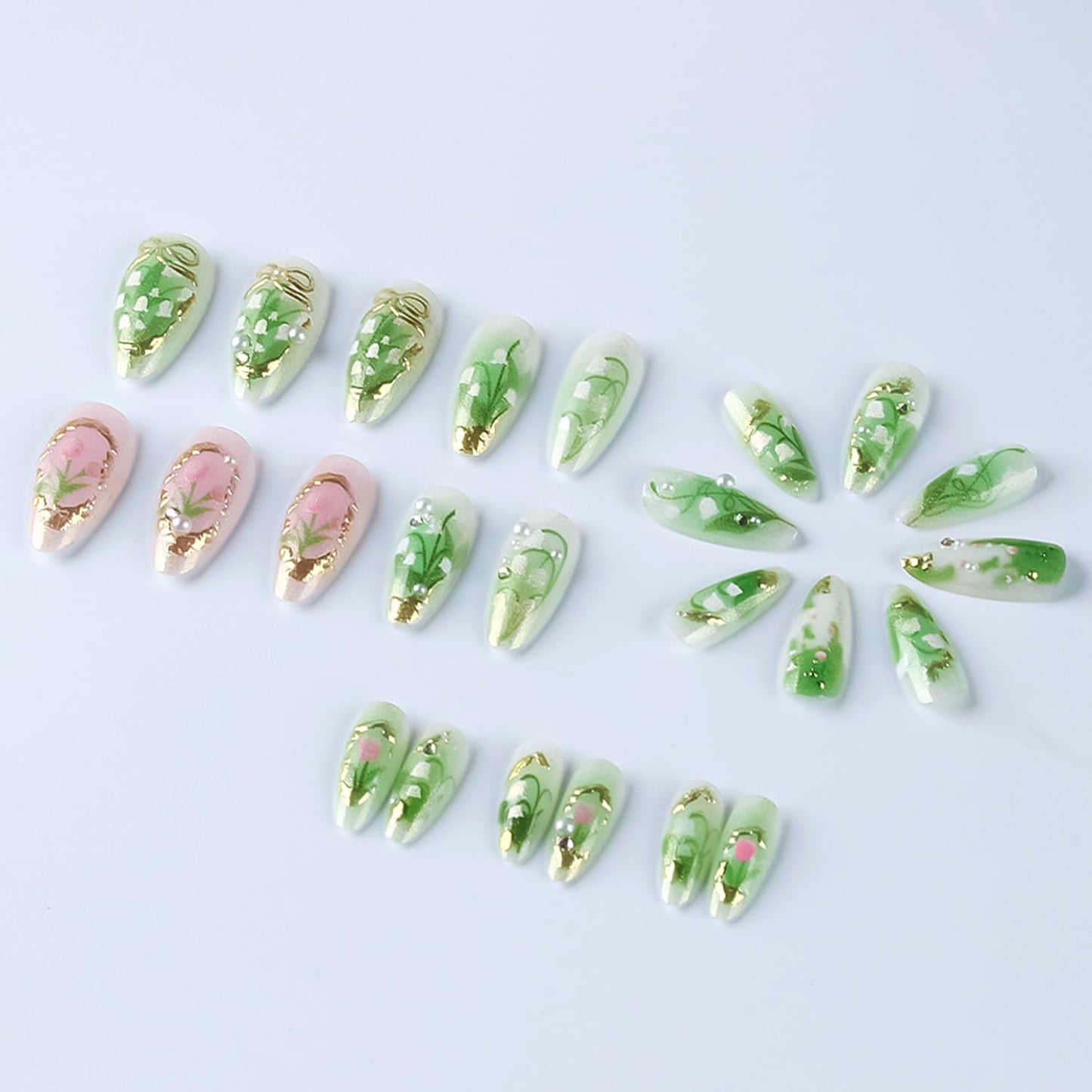 24Pcs Green Press on Nails Medium Almond Fake Nails with 3D Rhinestones Charms Handmade Nail Press ons Gradient Flower Plant Stick on Nails Almond Shape Acrylic Nails Artificial Nails for Daily Wear