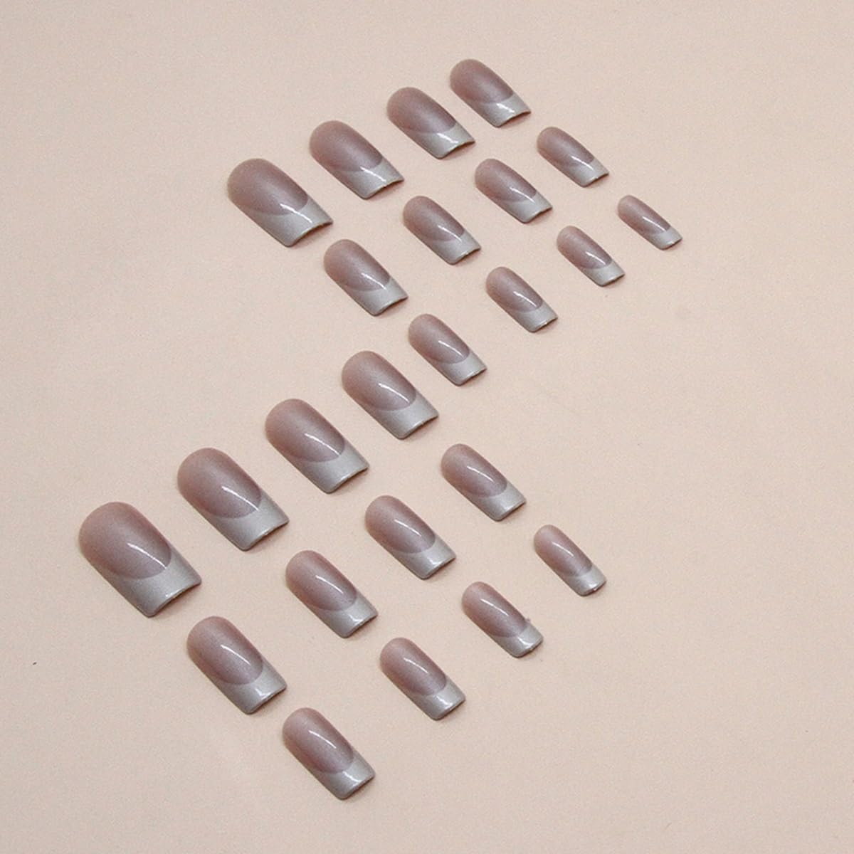 White French Tip Press on Nails - Medium Square Fake Nails with Chrome Design - Glossy Full Cover Stick on False Nails - for Women 24 Pcs