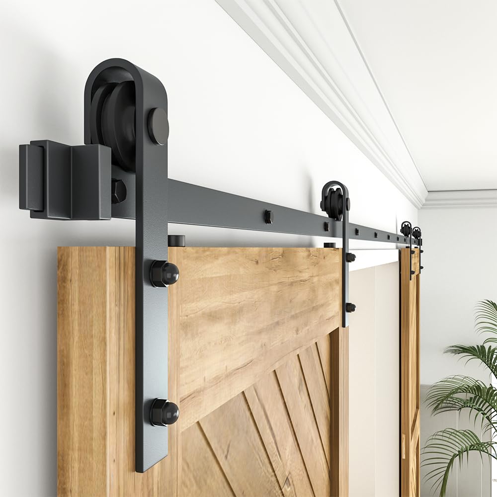 WINSOON 16FT Barn Door Hardware Kit: Double Sliding Door Hardware - Heavy Duty Black Barn Door Track Kit - Carbon Steel Sliding Barn Door Rail - J-Shape Easy to Install for 96" Closet Panel(No Door)
