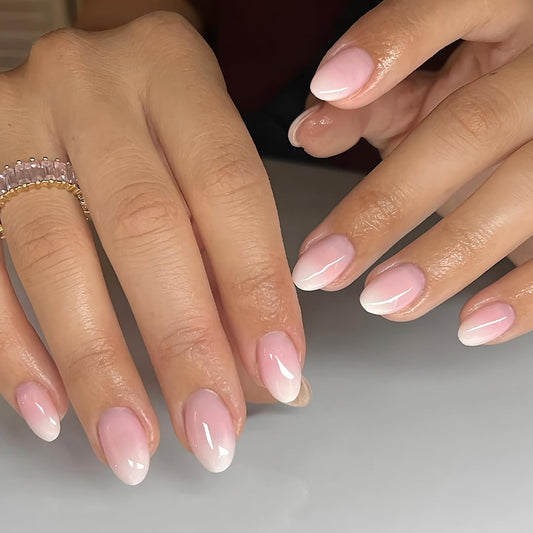 Almond Press On Nails Short Fake Nails Pink White Gradient False Nails With Artificial Glossy Designs Acrylic Nails Press Ons Full Cover Glue On Nails Pink White Stick On Nails For Women